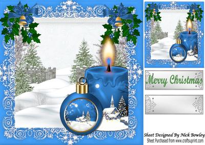Pretty Blue Candle with Bauble and Snow Scene 8x8