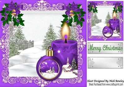 Pretty Lighted Candle with Bauble and Snow Scene Purple 8x8