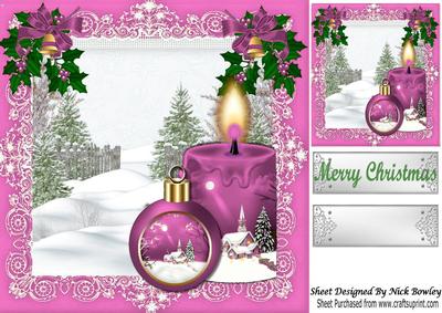 Pretty Lighted Candle with Bauble and Snow Scene Pink8x8