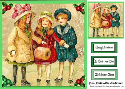 Christmas Vintage Children in There Winter Hats 8x8