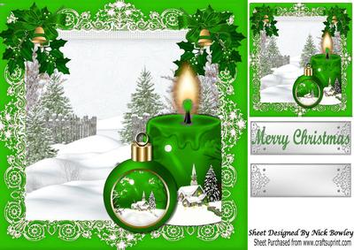 Pretty Lighted Candle with Bauble and Snow Scene Green 8x8