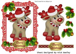 Cute Reindeer in Santa Hat with Holly