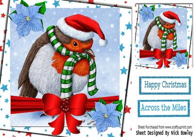 Cute Robin in Hat and Scarf with Bow and Stars 8x8