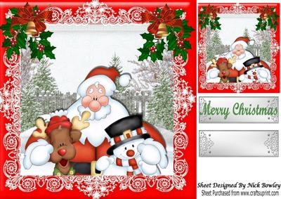 Santa with Friends, Rudy & Snowman in the Snow 8x8
