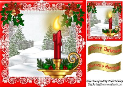 Pretty Red and Gold Candle with Snow Scene 8x8