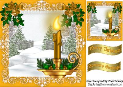 Pretty Gold Candle with Snow Scene 8x8