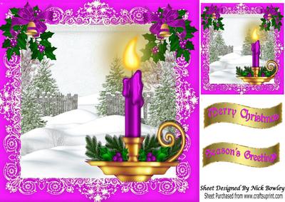 Pretty Cerise and Gold Candle with Snow Scene 8x8