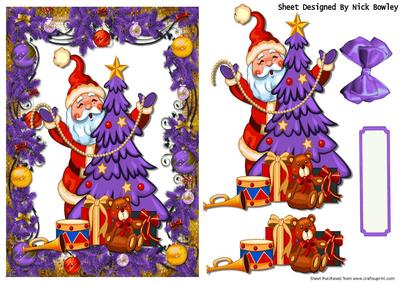 Santa with Christmas Tree and Toys in Purple Christmas Frame