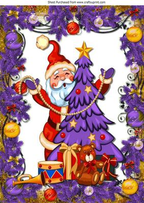 Santa with Christmas Tree and Toys in Christmas Frame A4