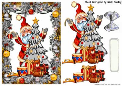 Santa with Christmas Tree and Toys in Silver Christmas Frame
