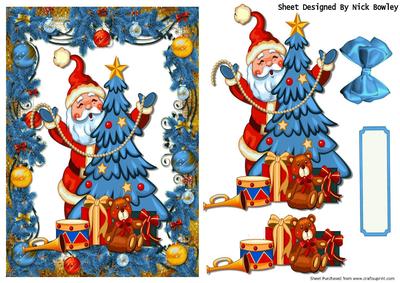 Santa with Christmas Tree and Toys in Blue Frame