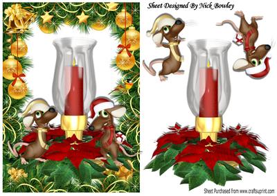 Cute Mice in Santa Hats with Candle & Gold Baubles