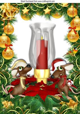 Cute Mice in Santa Hats with Candle & Gold Baubles A4