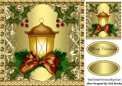 Golden Lantern in Holly Frame with Bow 8x8
