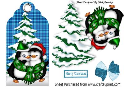 Christmas Blue Tartan Tag with Cuddle Penguins