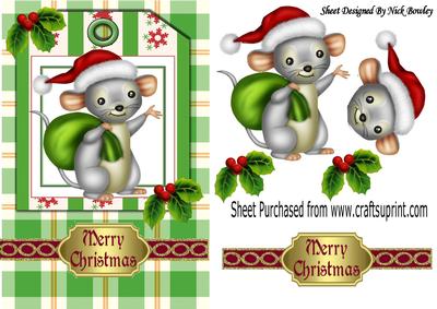 Cute Santa Mouse with His Sack, with Holly