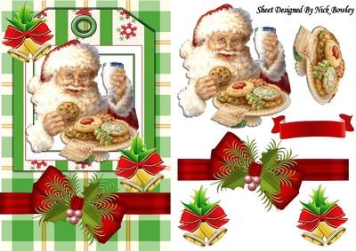 Santa with Milk and Cookies on a Tag with Bow