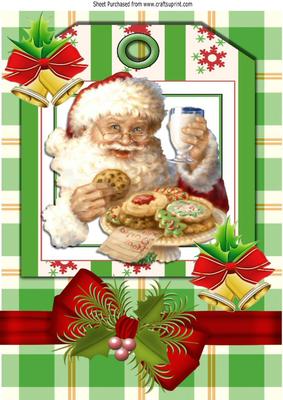 Santa with Milk and Cookies on a Tag with Bow A4