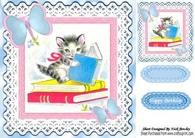 Cute Kitty Reading a Book, with Lace and Pretty Butterflies