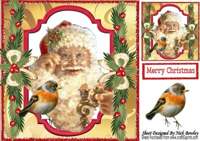 Santa with Robin in Sparkle and Bow Frame 8x8