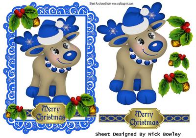 Little Reindeer in Blue with Holly