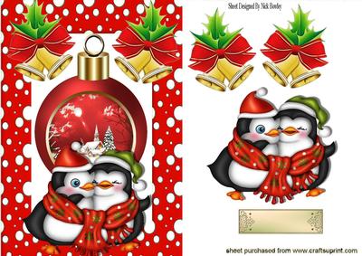Cuddle Penguins with Bauble and Bows in Snow Frame