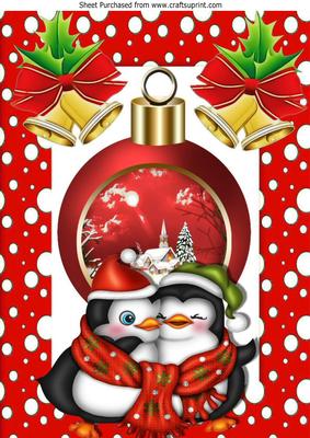 Cuddle Penguins with Bauble and Bows in Snow Frame A4