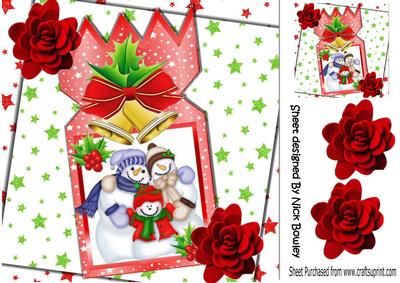 Snowman Family on Cracker, with Bells, Stars and Bows 8x8