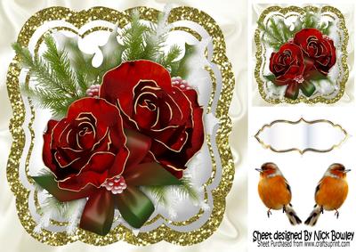 Pretty Red Winter Rose with Robins in Glitter Frame 8x8