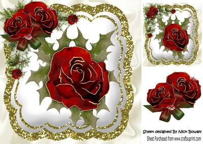 Single Red Winter Rose with Holly, and Glitter 8x8