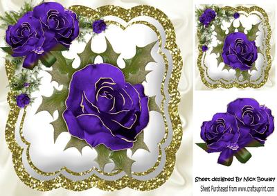 Single Purple Winter Rose with Holly, and Glitter 8x8