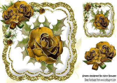 Single Gold Winter Rose with Holly, and Glitter 8x8