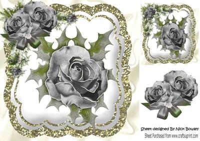 Single Silver Winter Rose with Holly, and Glitter 8x8