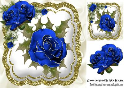 Single Blue Winter Rose with Holly, and Glitter 8x8