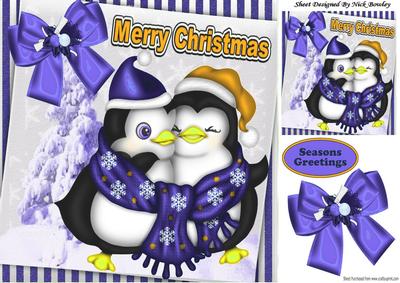 Cuddle Up Penguins in Purple Scarf with Bow 8x8