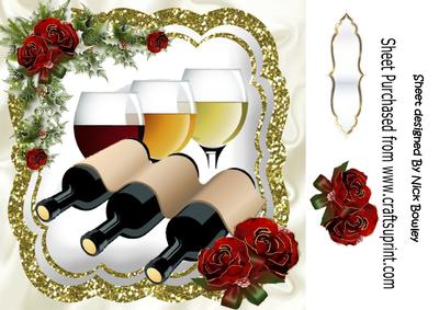 Party Time with Wine & Glasses with Red Roses 8x8