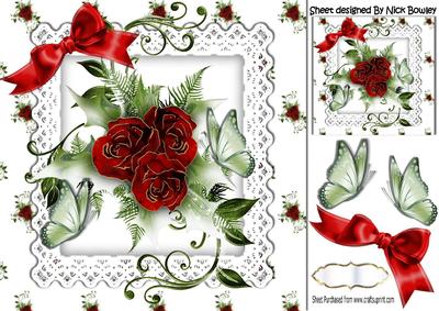 Red Winter Roses with Butterflies on Lace 8x8