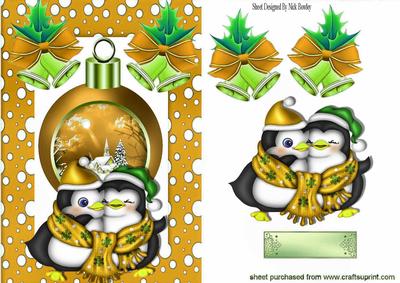 Cuddle Penguins with Bauble and Bows in Gold Scarfs