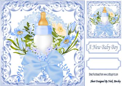 Babys Blue Bottle with Bow in Scroll Frame 8x8