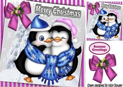 Cuddle Up Penguins with Snow Tree and Pink Bow 8x8