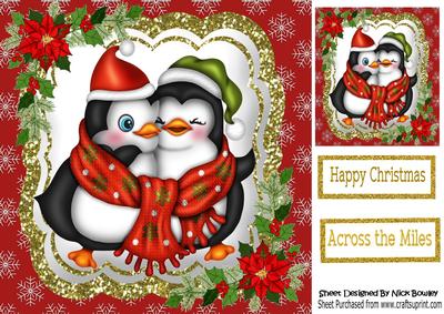 Cuddle Up Penguins in Vintage Red with Poinsettias 8x8