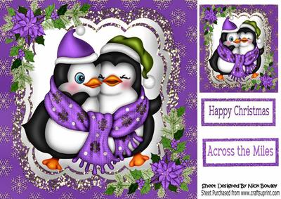 Cuddle Up Penguins in Vintage Purple with Poinsettias 8x8