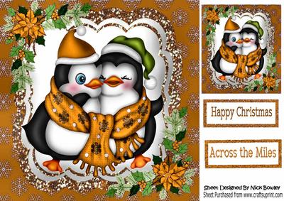 Cuddle Up Penguins in Vintage Orange with Poinsettias 8x8
