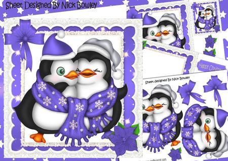 Cute Cuddle Penguins, with Purple Stars and Bow 8x8 Mini Kit