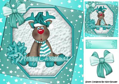Lovely Reindeer with Turq Bow and Stars 8x8