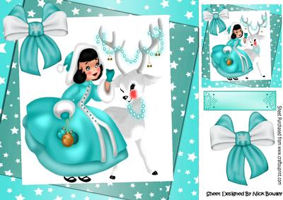 Lovely Reindeer with Girl in Her Turq Coat 8x8