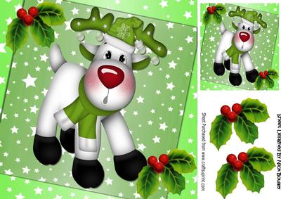 Lovely Reindeer in Green Stars with Holly 8x8