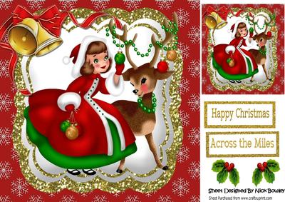 Little Girl in Red Coat with Reindeer, Holly & Baubles 8x8