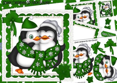 Cute Cuddle Penguins, with Green Stars and Bow 8x8 Mini Kit