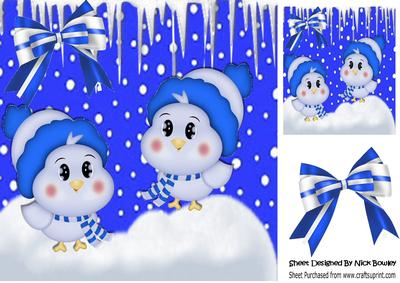 Little Bluebirds in the Snow with Hat and Scarf on 8x8